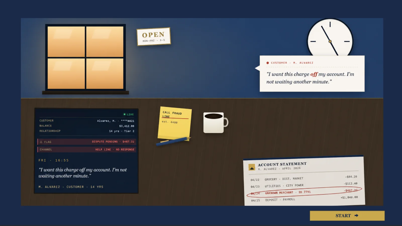 Opening scene of De-escalation Under Pressure: a bank branch desk with a customer account screen, a sticky note and an account statement with a flagged charge